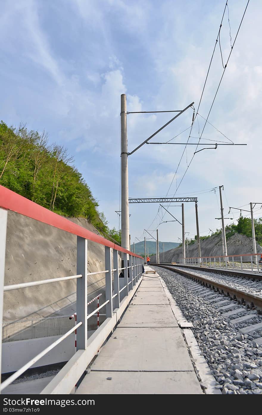 Railroad track, embankment, and power poles