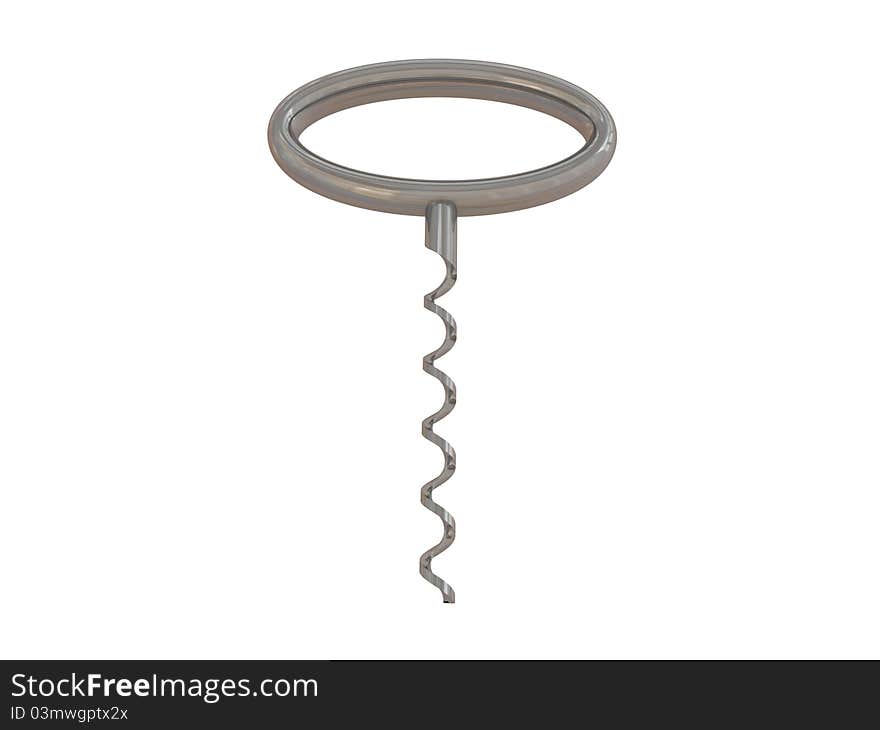 Metal corkscrew with a cork on a white background