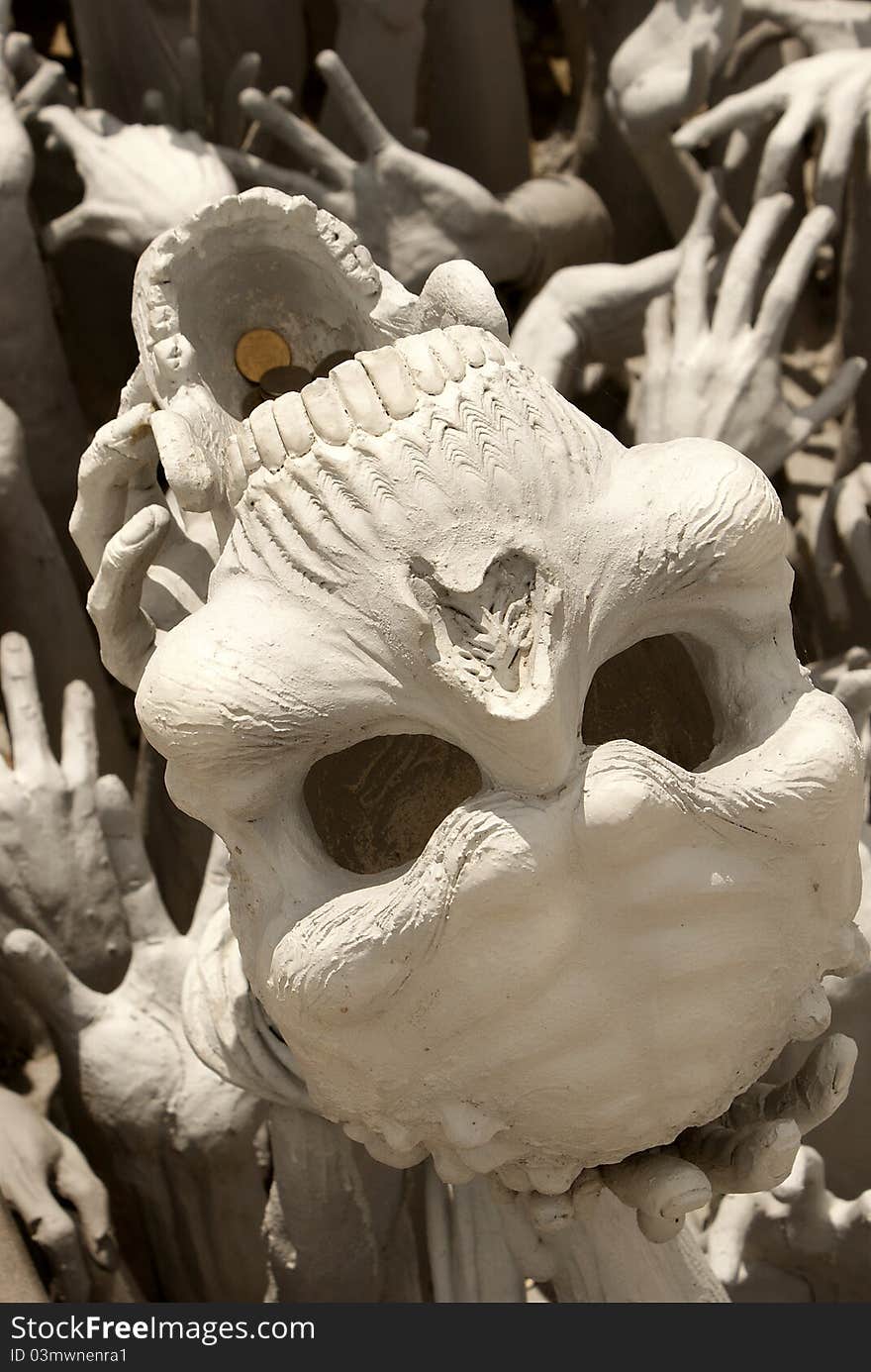 Thai Stucco Skull at Wat Rhong Khun