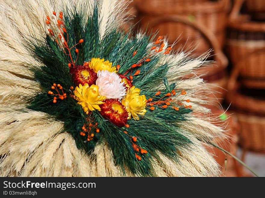 Decorations from dried corn and Immortelle. Decorations from dried corn and Immortelle