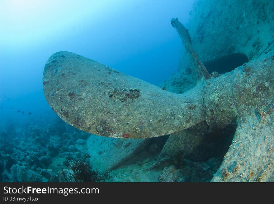 Huge propeller under the water on a large shipwreck. Huge propeller under the water on a large shipwreck