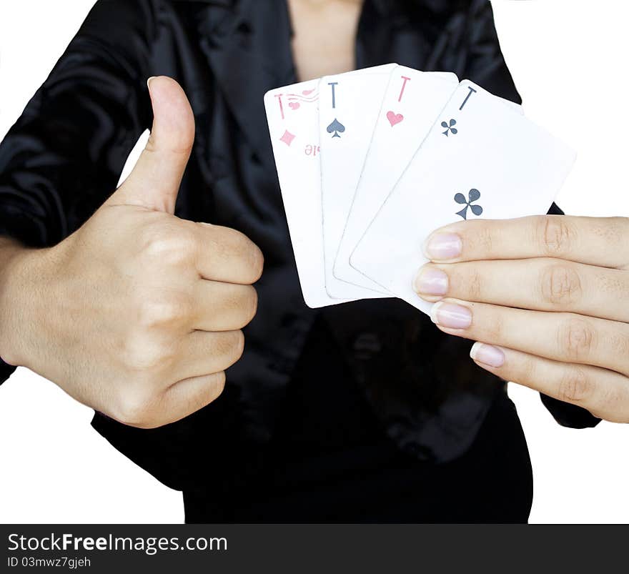 Playing cards in woman’s hands on white isolated