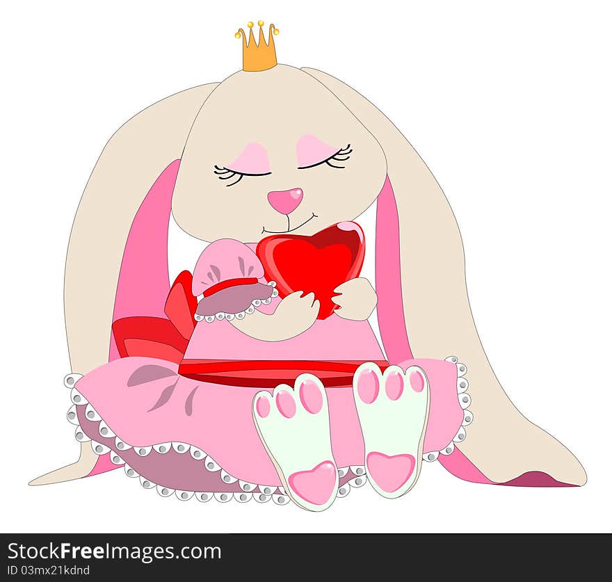 Hare with a crown in a pink dress with heart in hands