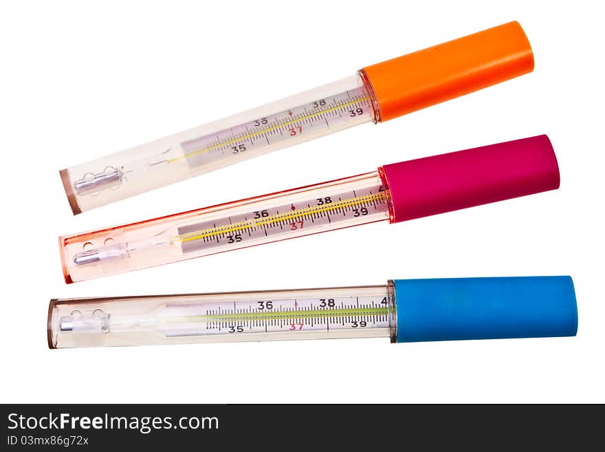 Three mercury thermometers in plactic containers isolated over white background. Three mercury thermometers in plactic containers isolated over white background.