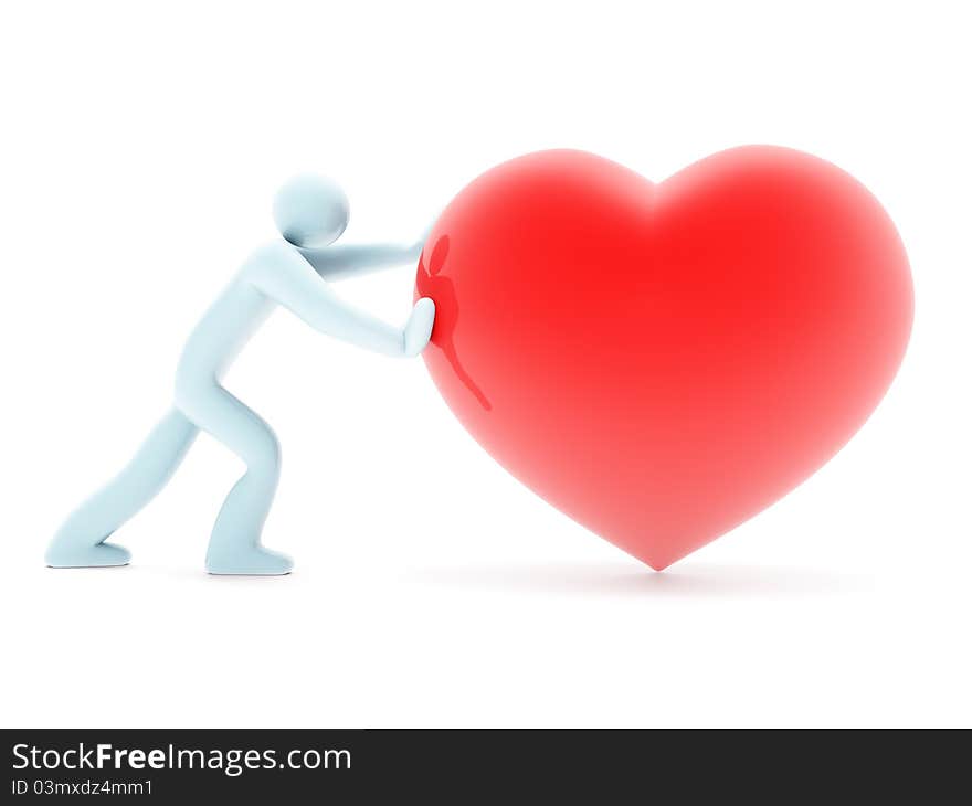 Man figure pushing beautiful red heart