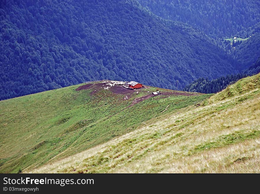 Mountain landscape with sheepfold shelter