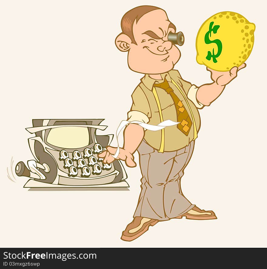 A man holding a lemon with a dollar sign.He looks at it in a monocle.Nearby is the cash register. A man holding a lemon with a dollar sign.He looks at it in a monocle.Nearby is the cash register.