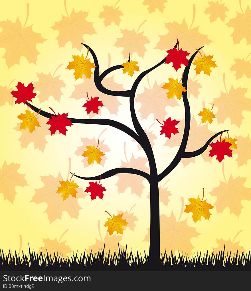 Black tree and grass with red and gold leaves over leaves background. Black tree and grass with red and gold leaves over leaves background