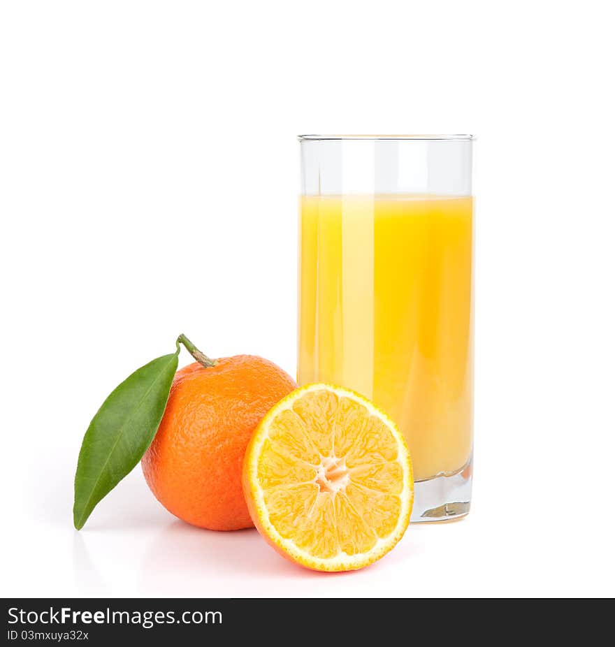 Orange juice and slices of orange isolated on white