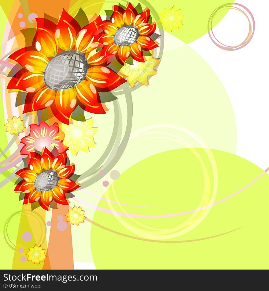 Floral card with bright red sunflower heads and circles. Floral card with bright red sunflower heads and circles