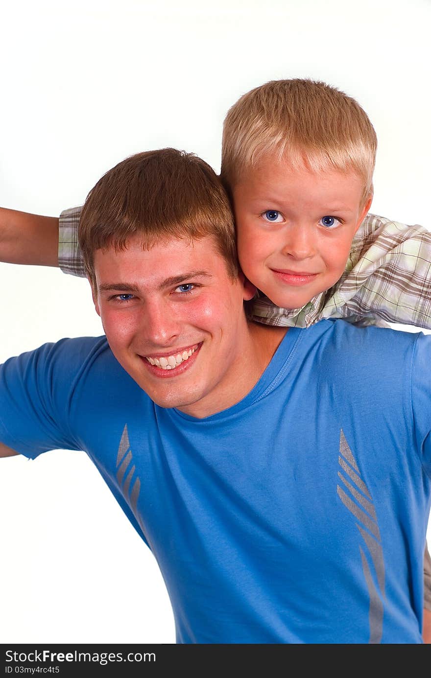 Dad with son on a white background