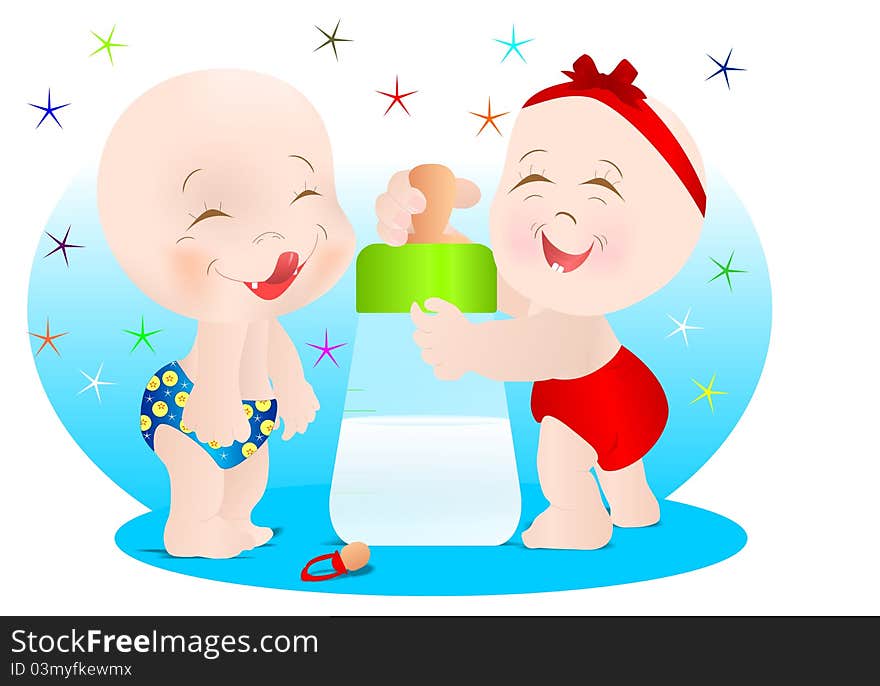 Baby boy and girl with milk feeding bottle, vector format. Baby boy and girl with milk feeding bottle, vector format