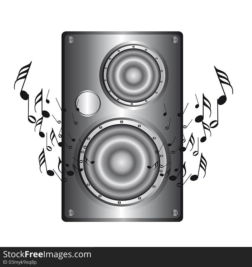 Silver speaker with music notes isolated over white background. vector