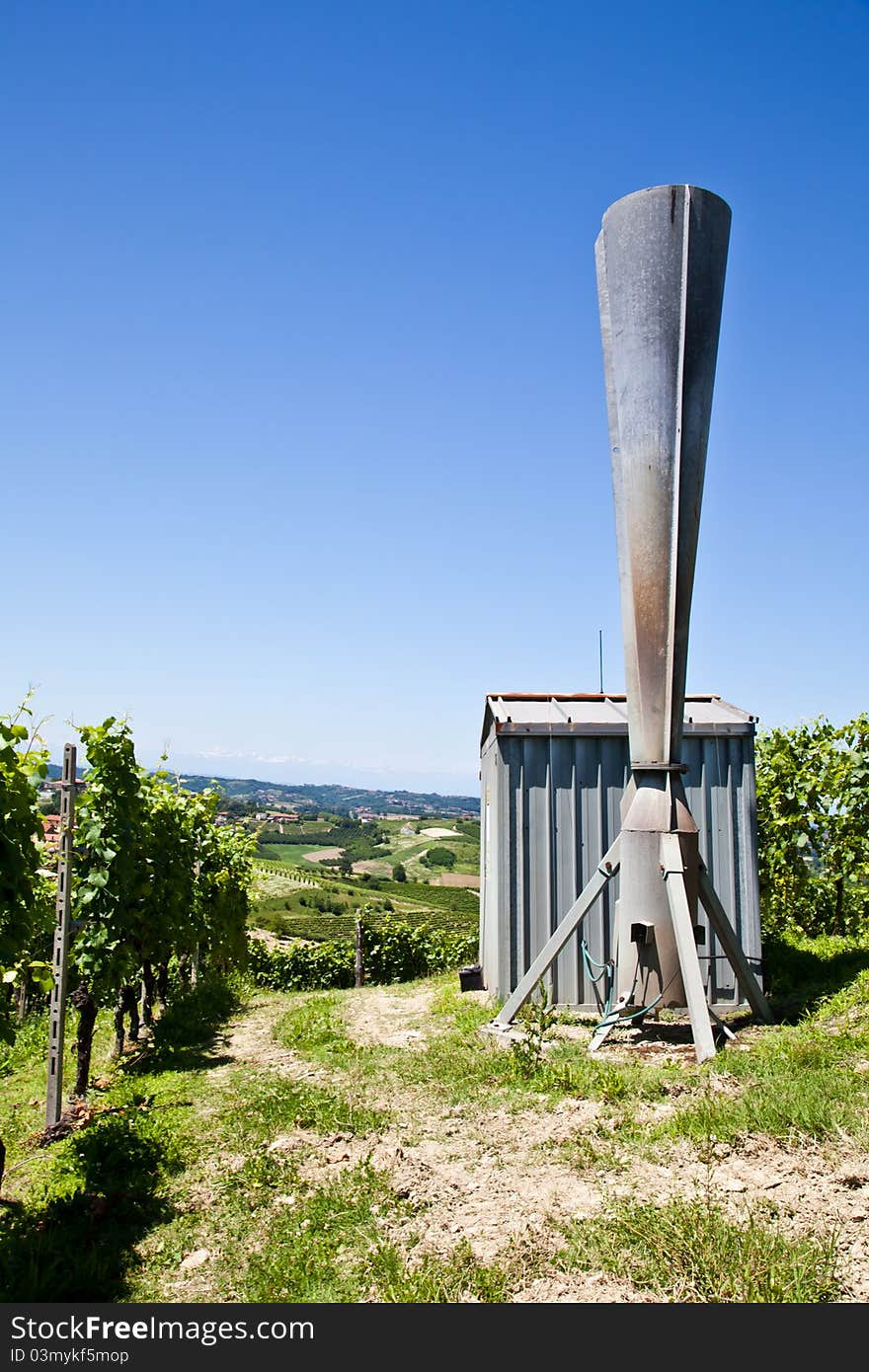 Hail cannon in Italian vineyard, Monferrato and Langhe area, Piemonte region.