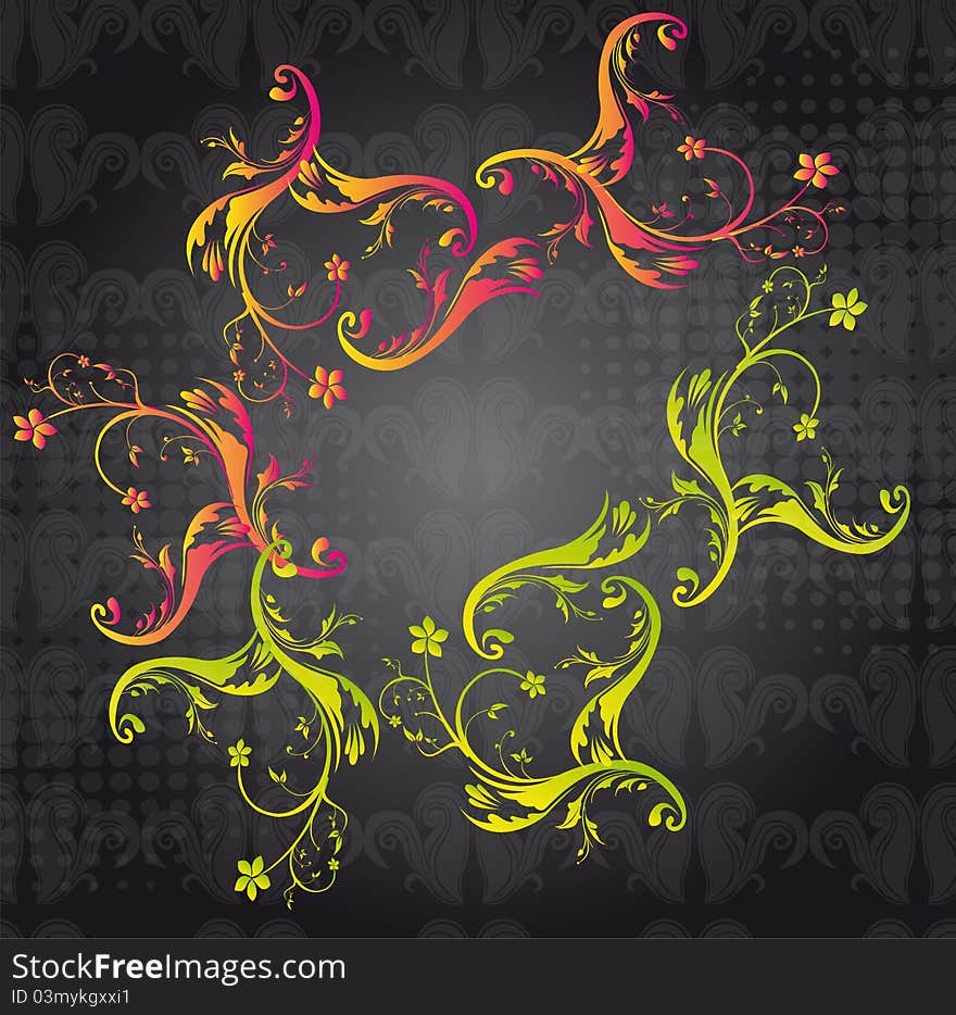 Pink,yellow,green ornaments over black background. vector. Pink,yellow,green ornaments over black background. vector