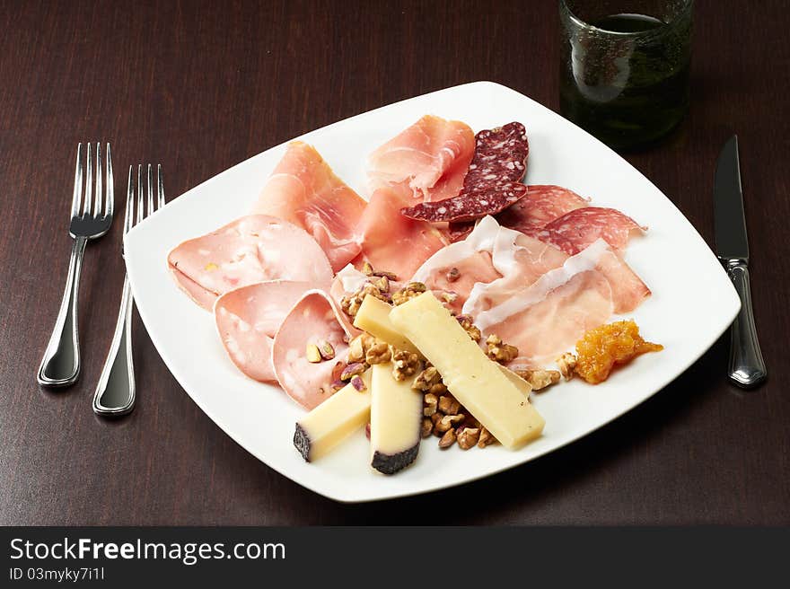 Delicious appetizer with ham, cheese and pepperoni