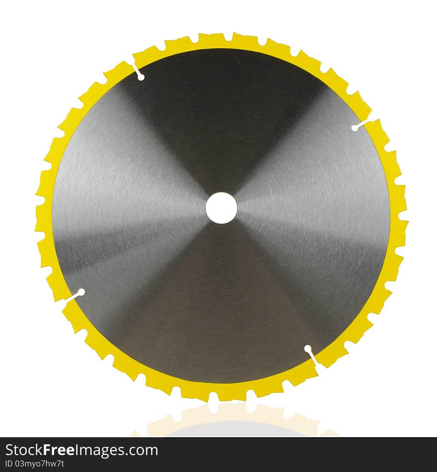 Brand new saw blade with yellow teeth isolated