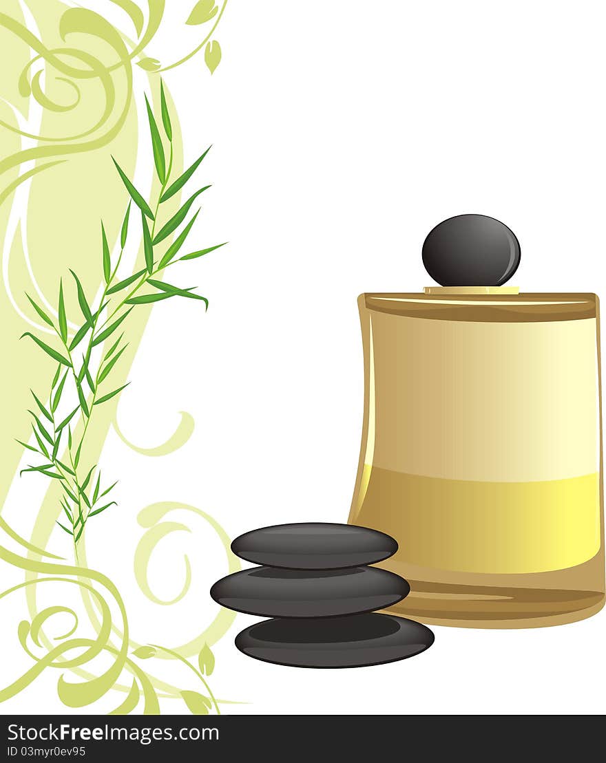 Spa oil, black stones and sprig. Illustration