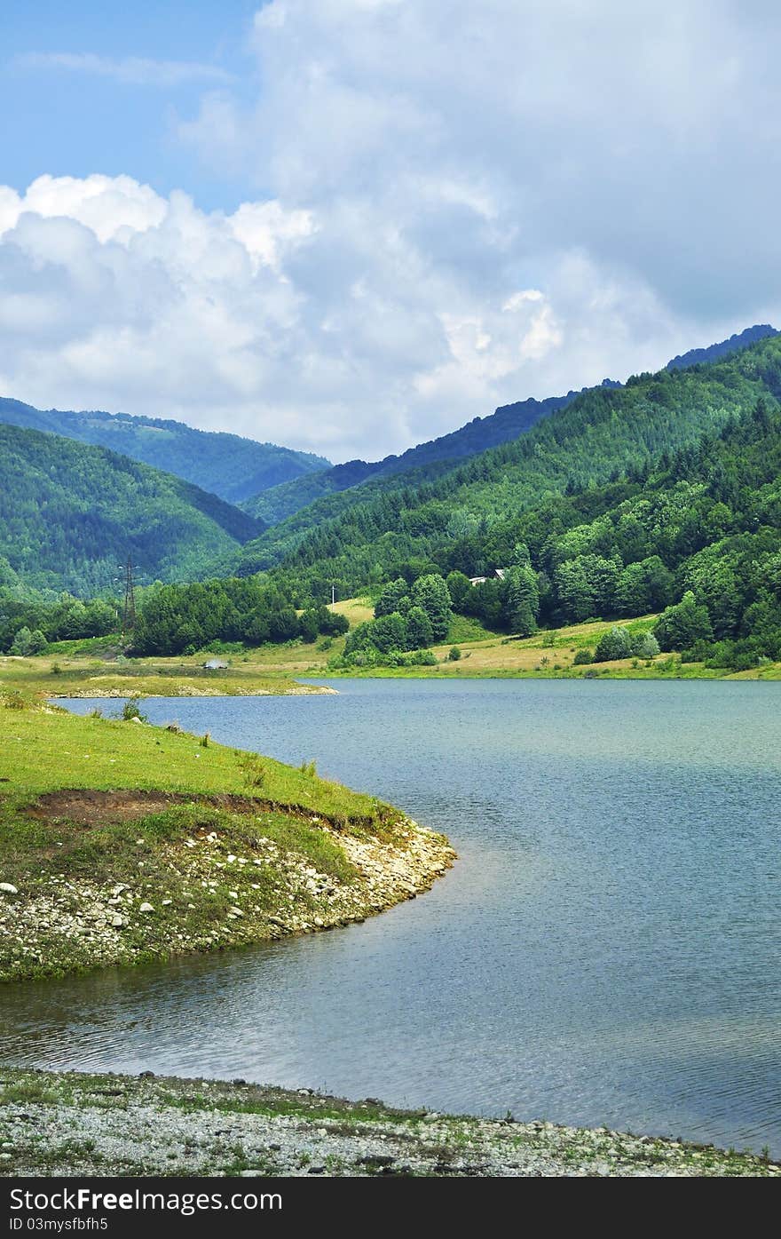 Panoramic view of a mountain lake in Romania