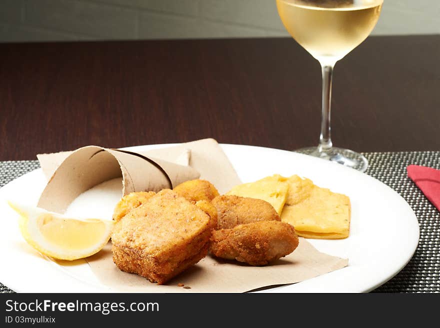 Tradional sicilian fried panelle and croquettes with salt