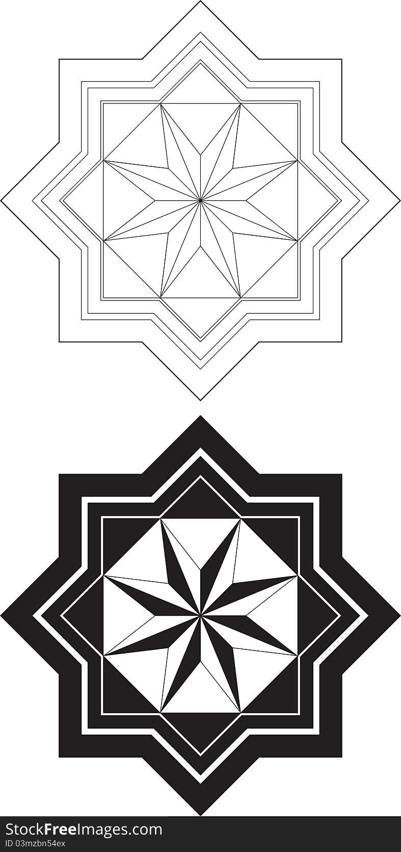 Black and white pointed design with star in middle. Black and white pointed design with star in middle