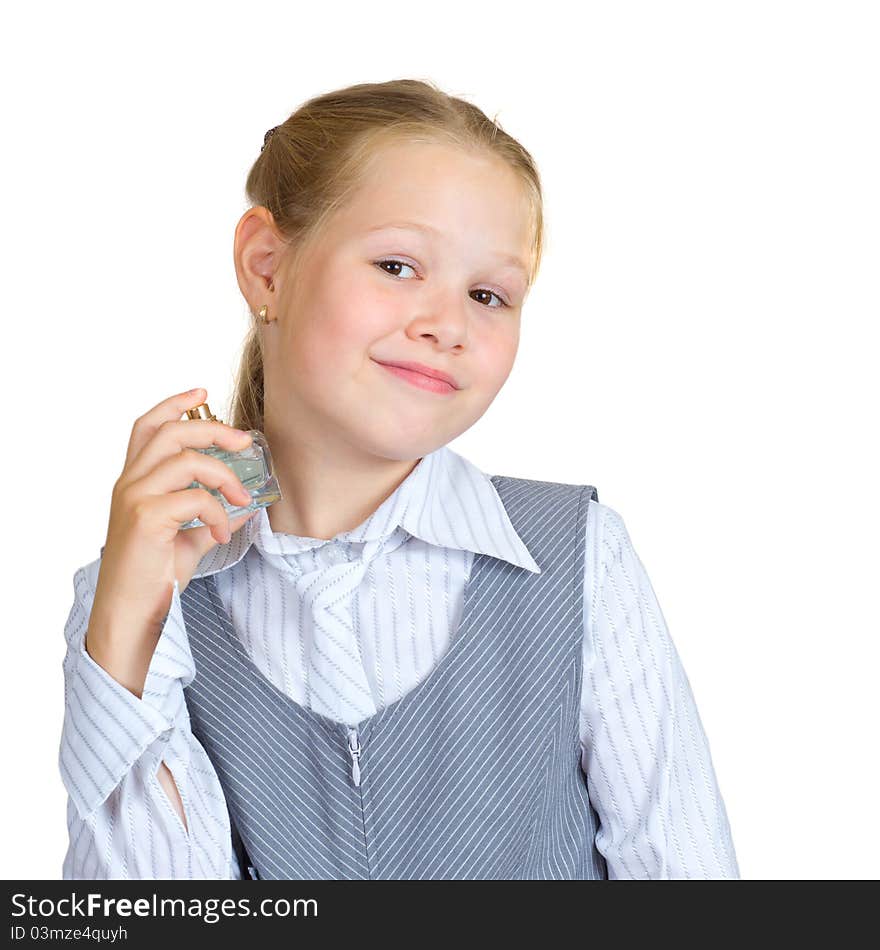 Schoolgirl with perfume isolated