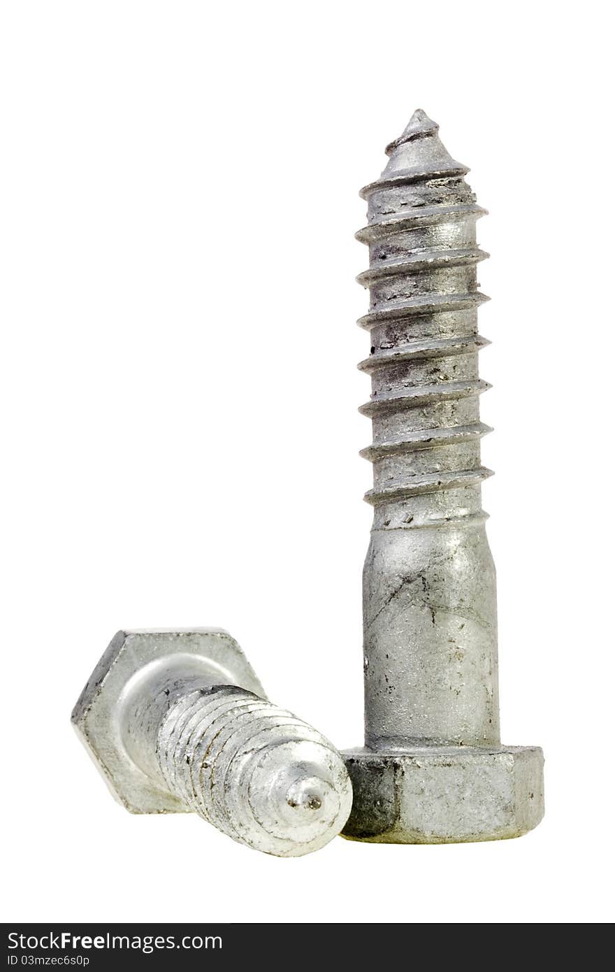 Close-up of metal screws isolated on a white background.