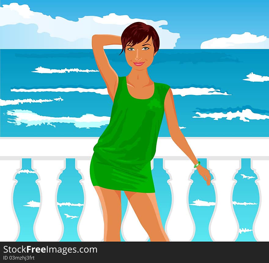 Illustration girl on quay at the sea - vector