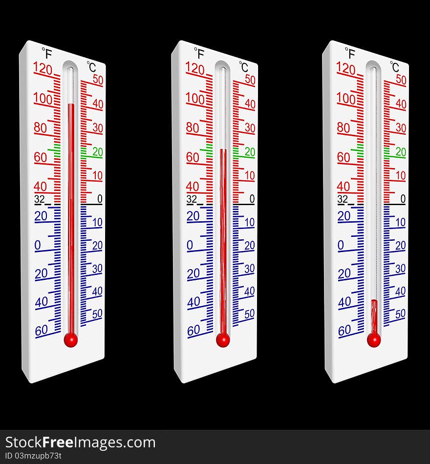 Set of three thermometers, with the part of a scale of green colour defining a range of temperatures, comfortable for a human body.