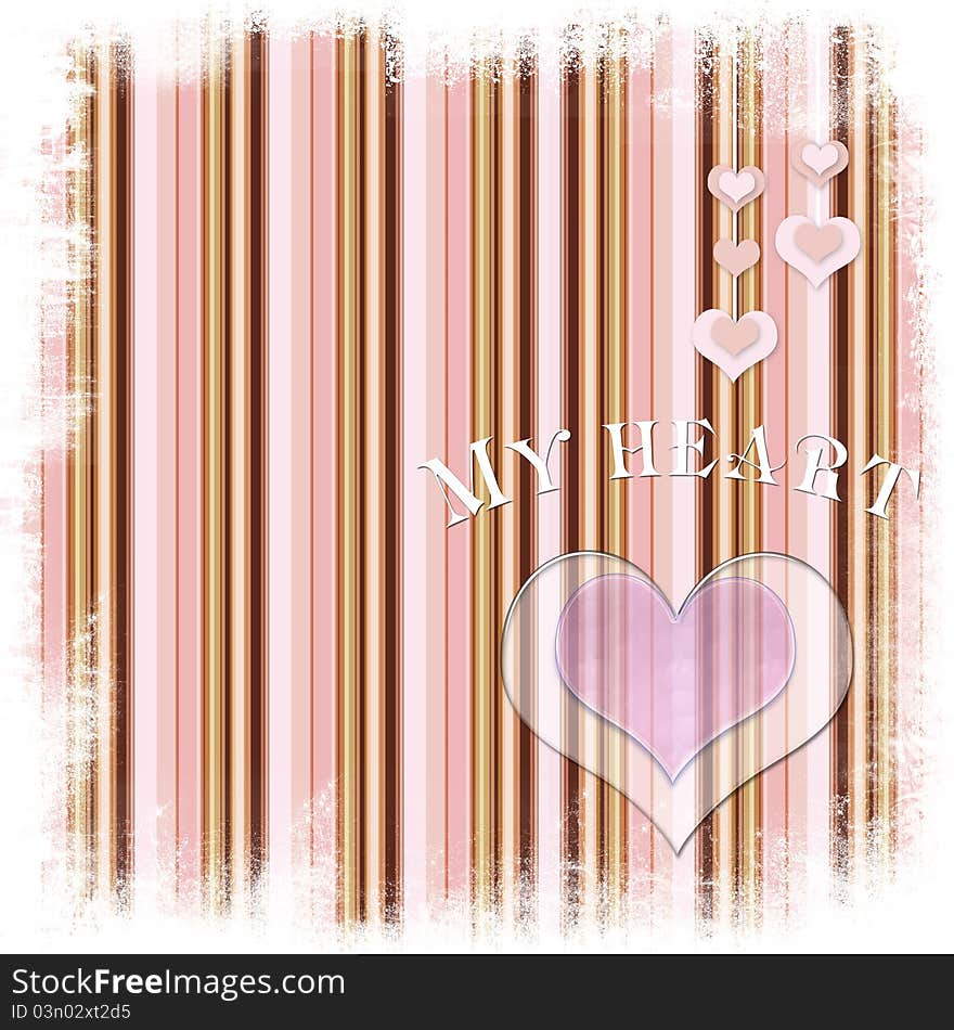 Valentine card with  heart on striped  background