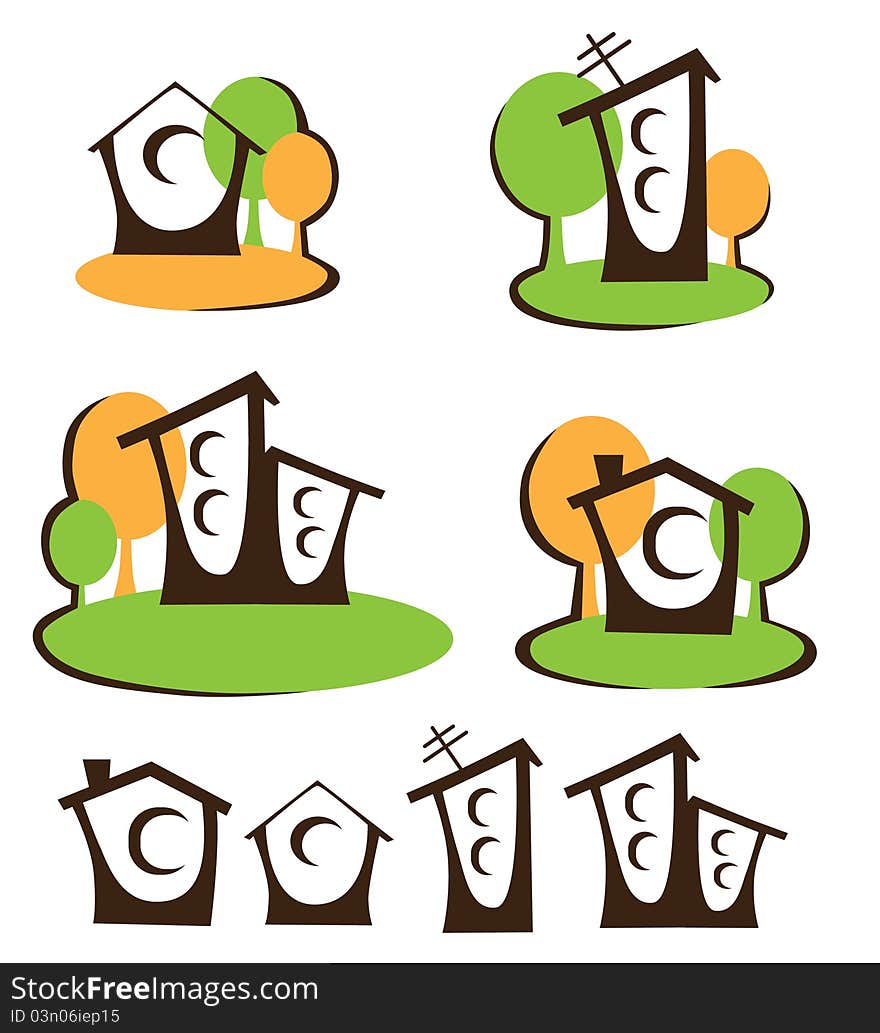 Vector collection of cartoon homes and trees