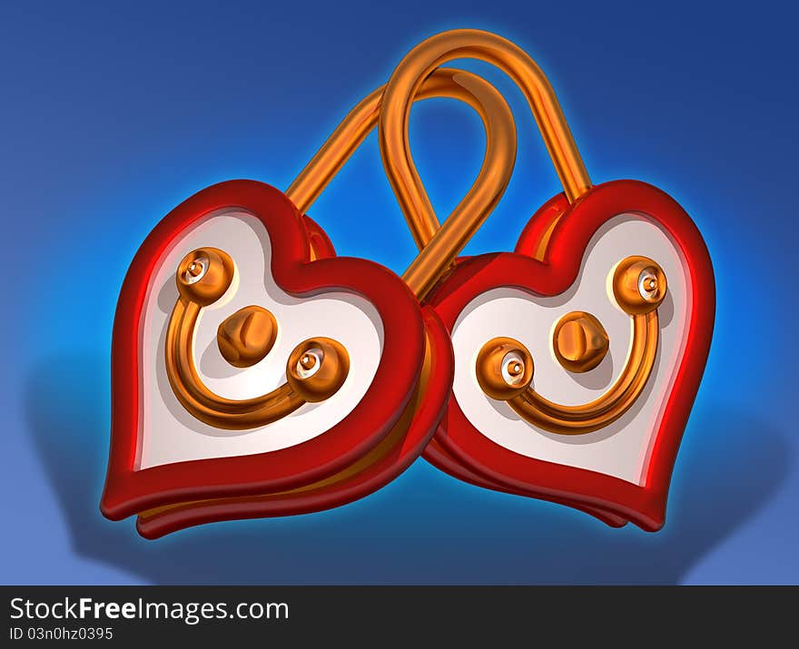 Love smile red heart face lock together in funny pair couple