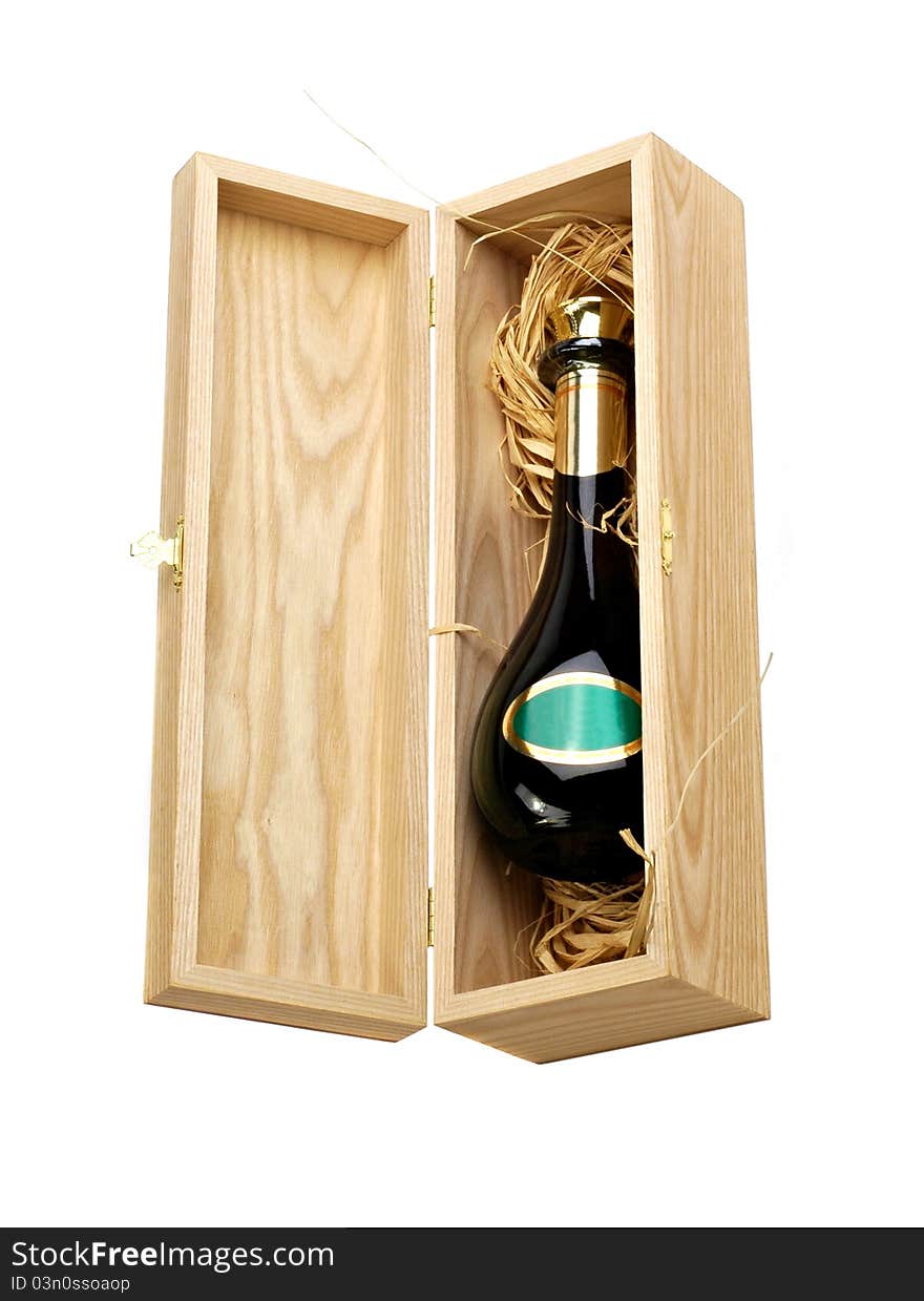 Open Wooden Box With Bottle Of Wine