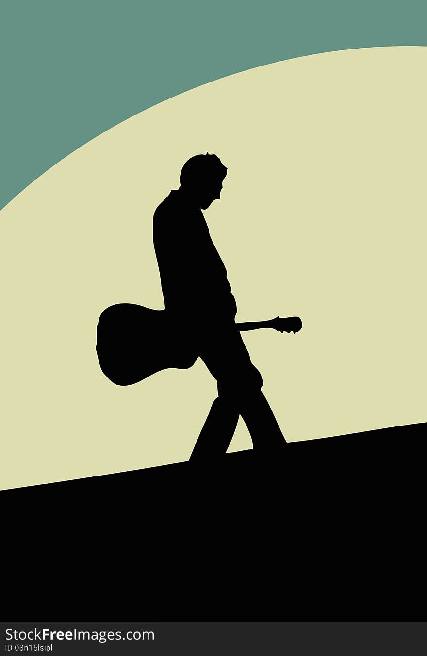 Illustration of guitarist on road.