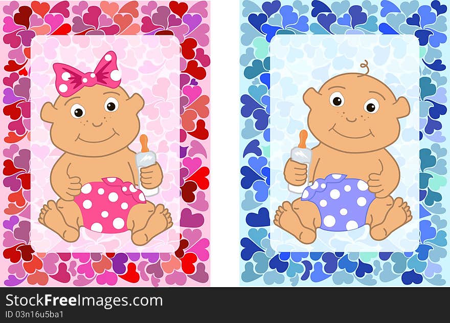 Boy and girl sitting on colorful backgrounds. Boy and girl sitting on colorful backgrounds