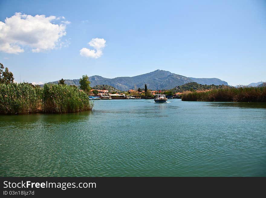 Excursion boat sailing in Dalyan river