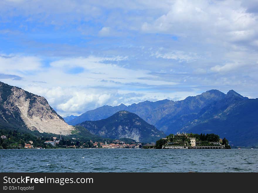 View of the island of Isola Bella on the background of the Alps, Italy