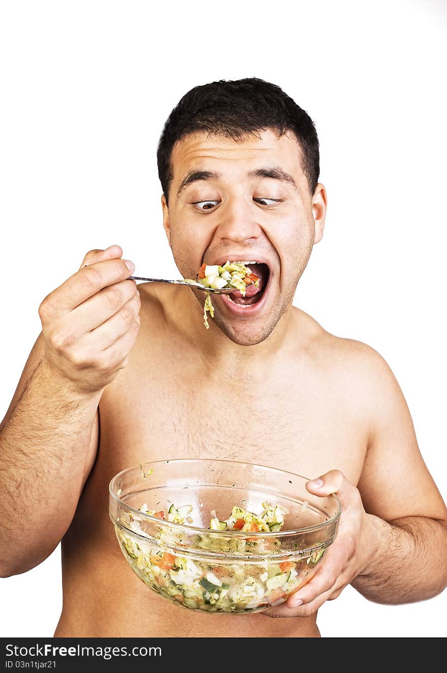 Young men eating salad close up shoot