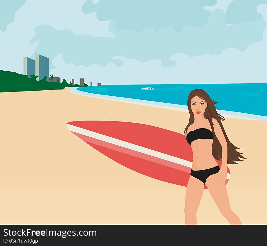 Illustration of a beautiful young surfer girl with long black hair standing on the beach. Illustration of a beautiful young surfer girl with long black hair standing on the beach