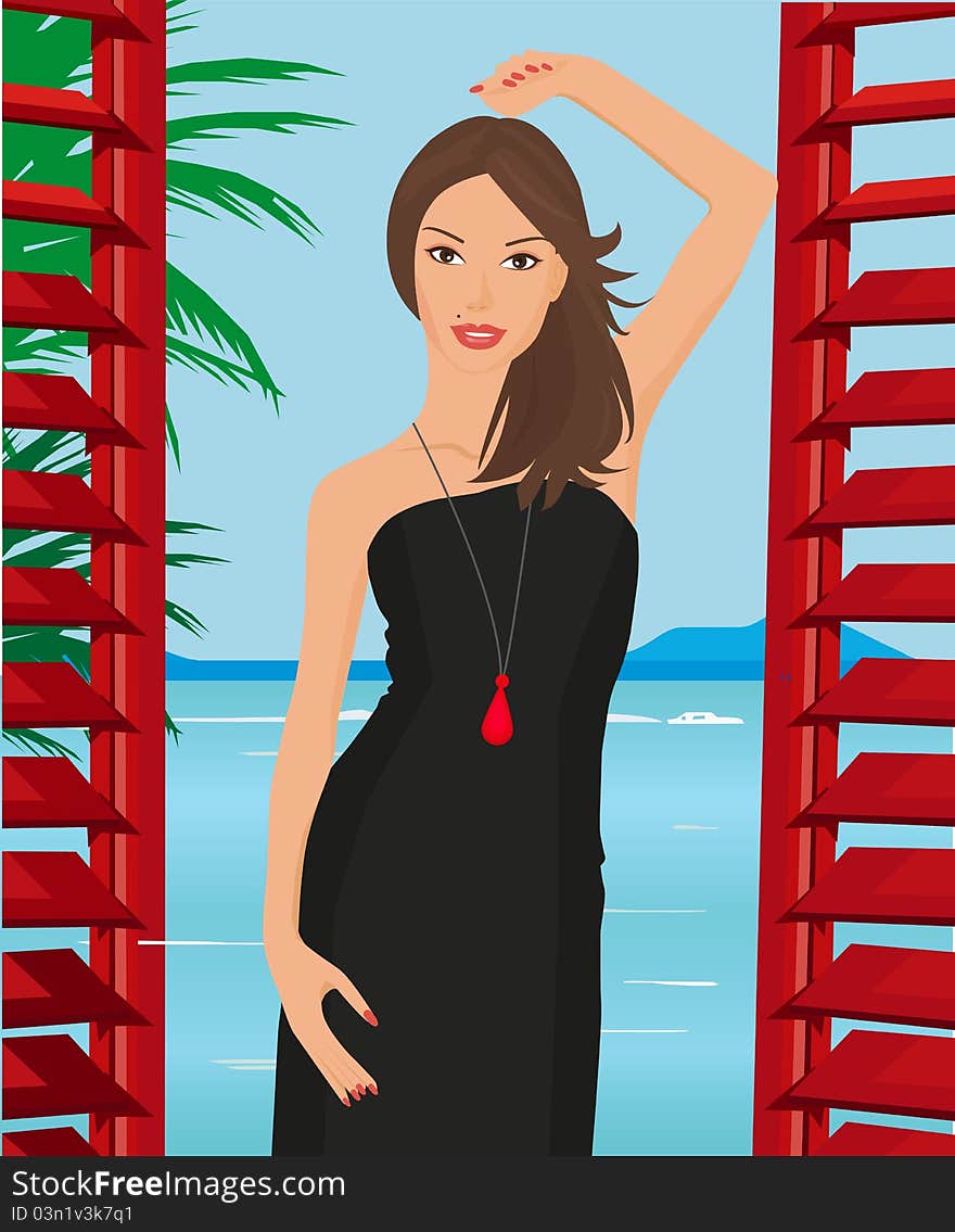 Illustration of a beautiful young girl in a little black dress standing on the balcony of the hotel overlooking the sea. Illustration of a beautiful young girl in a little black dress standing on the balcony of the hotel overlooking the sea