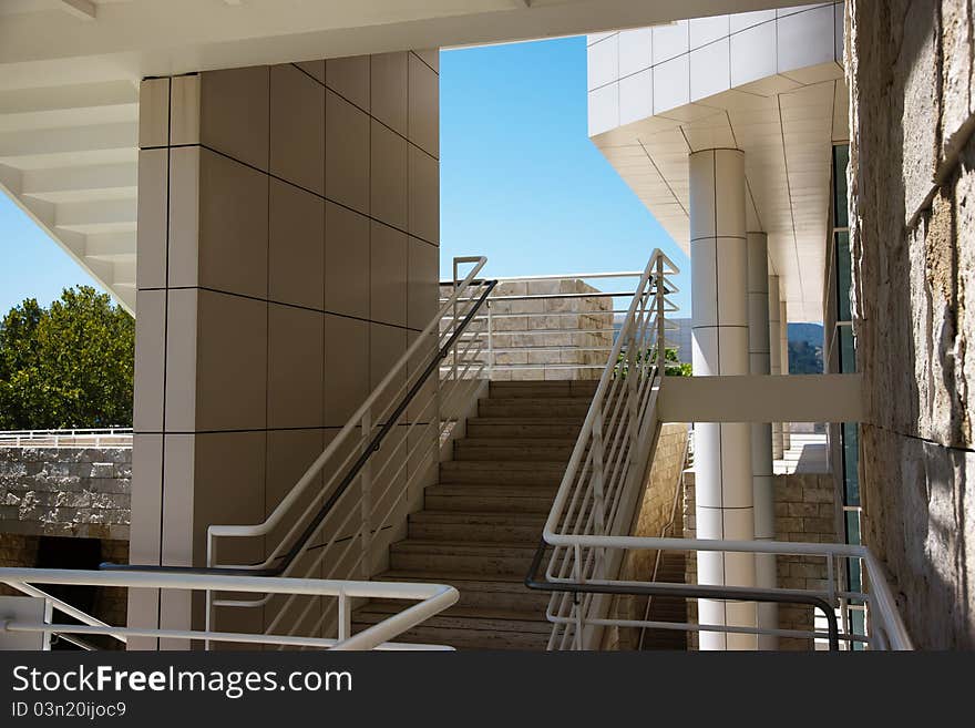 Contemporary architecture using shell, travertine, stone, concrete, Getty Museum, Los Angeles, California. Contemporary architecture using shell, travertine, stone, concrete, Getty Museum, Los Angeles, California