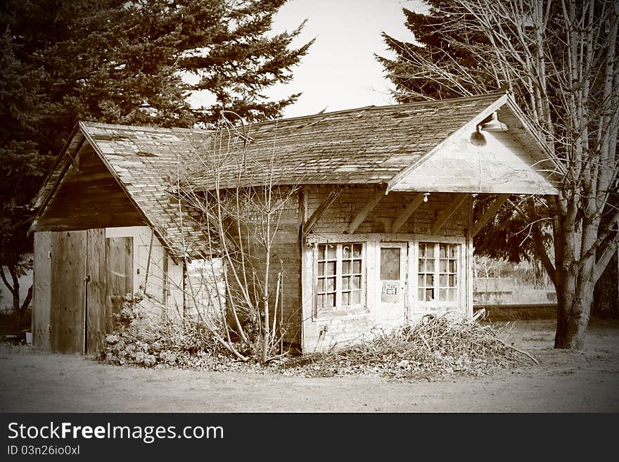 An old abandoned decaying vintage storefront building in black and white sepia toned, vintage processing. Dead trees, Shallow dof. An old abandoned decaying vintage storefront building in black and white sepia toned, vintage processing. Dead trees, Shallow dof