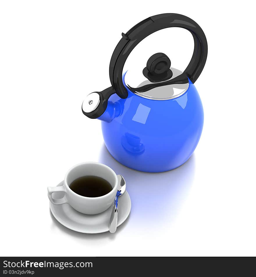 An image of a kettle, cup and saucer, and a silver spoon on a white background. An image of a kettle, cup and saucer, and a silver spoon on a white background.