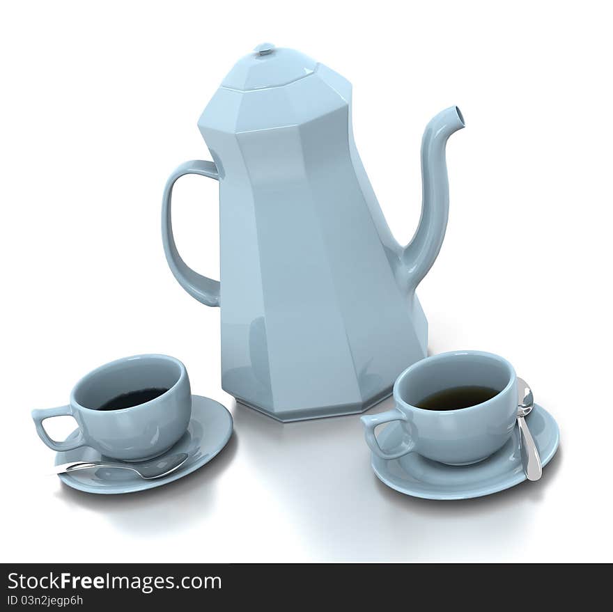 An image showing a light blue-colored coffee set - including 2 cups and saucers and a coffee pot. An image showing a light blue-colored coffee set - including 2 cups and saucers and a coffee pot.