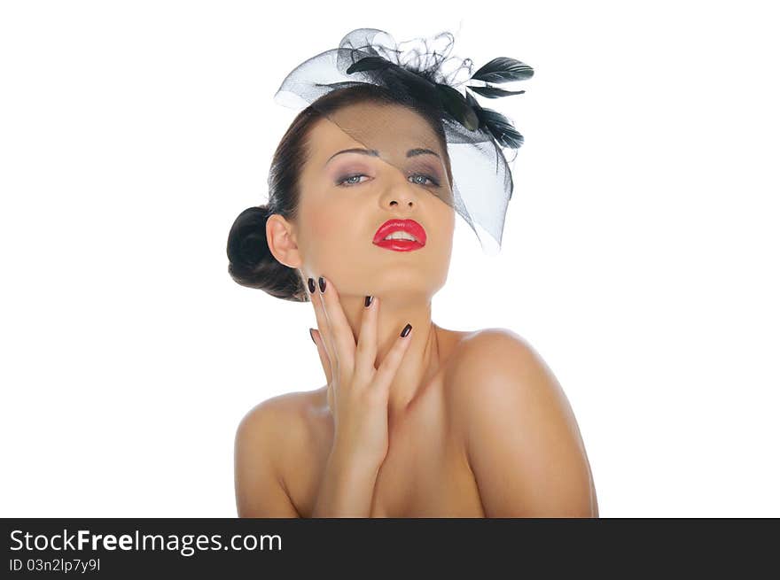 Beautiful woman in black hat isolated on white