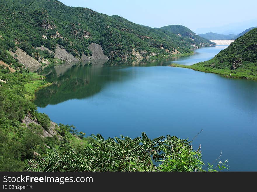 The landscape of a blue reservoir