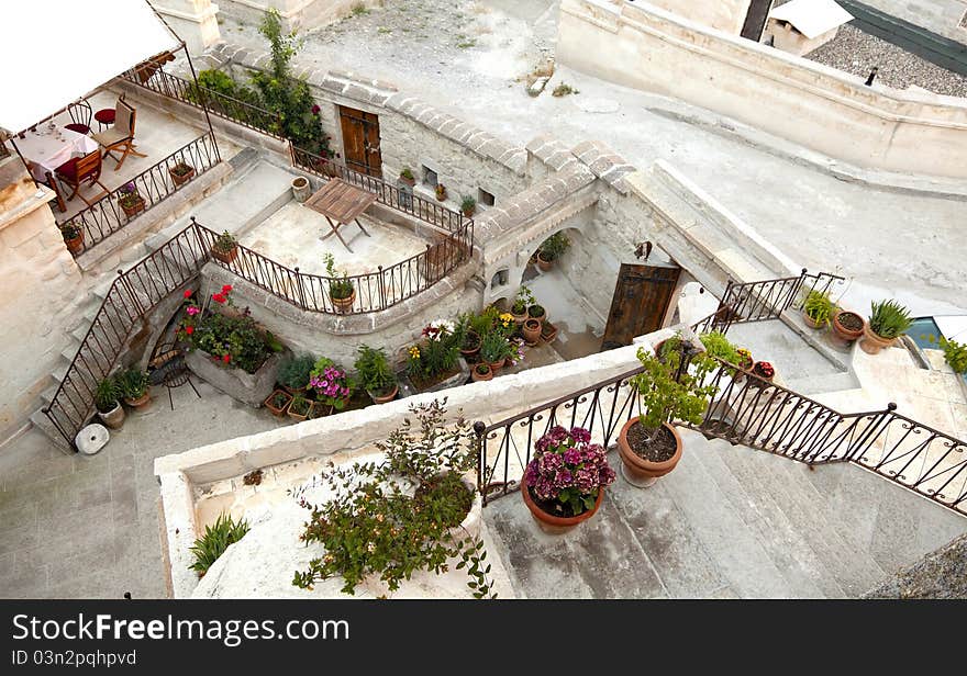 Plan of a villa with verandas, balcony, handrails, steps, perimeter walls and flower pots. Plan of a villa with verandas, balcony, handrails, steps, perimeter walls and flower pots