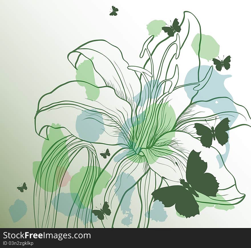 Green backround with decorative flower and butterflies. Green backround with decorative flower and butterflies