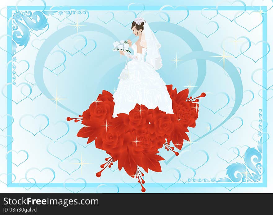 Frame with the bride in her wedding dress and bouquet of flowers is a bunch of red roses. Frame with the bride in her wedding dress and bouquet of flowers is a bunch of red roses