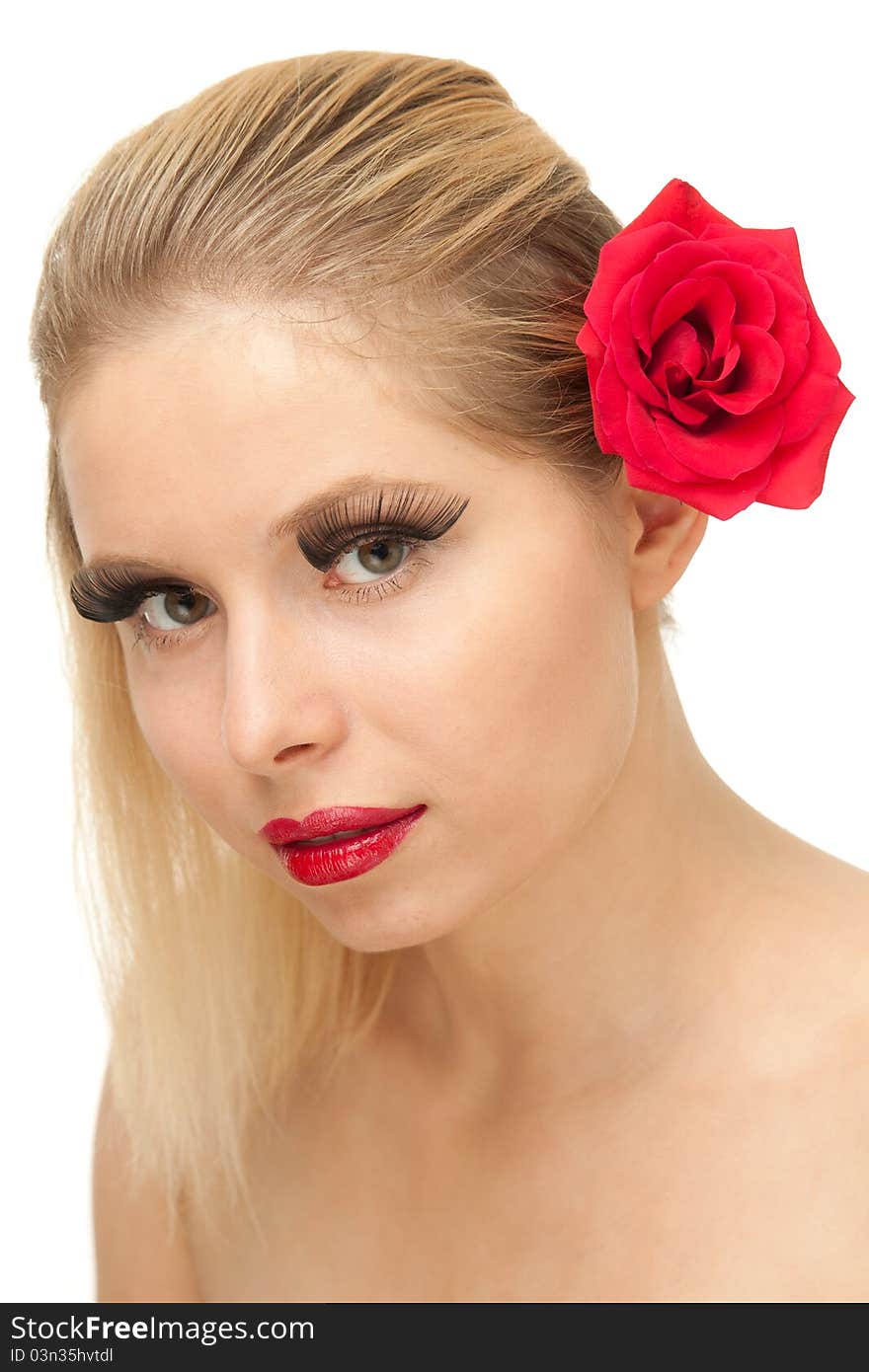 Blond woman with lengthen eyelashes and rose, isolated on white. Blond woman with lengthen eyelashes and rose, isolated on white